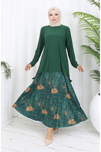 sefamerve Sandy Fabric Tunic Skirt Double Set 2073-03 Emerald Green-  Trendyol