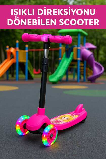 Scooter Işıklı Direksiyonu Dönebilen Prenses Desenli Tekerlekli
