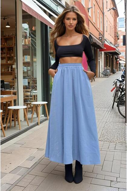 Women's New Light Blue Season Elastic Waist A-Line Casual Long High Waist Kupra Skirt 3676286