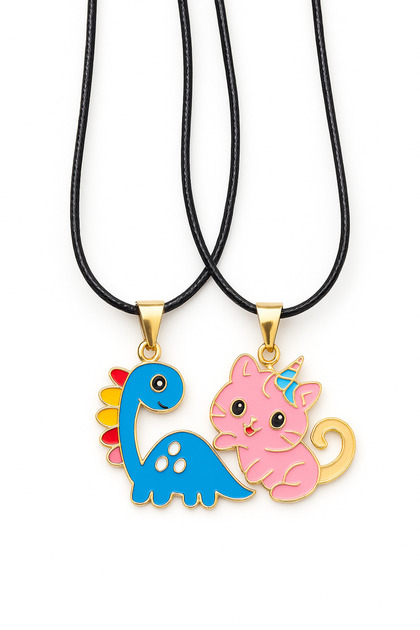 Magnetic Cat and Dinosaur Design Leather String 2-Piece Children's Youth Necklaces Friendship Necklace