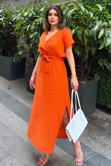 Women's Muslin Orange Double Breasted Collar Elastic Waist Midi Length Dress - 700-3612