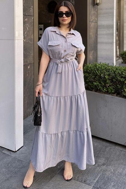 Women's Gray Kupra Ruffled Safari Long Dress with Pockets and Belt - 700-3336