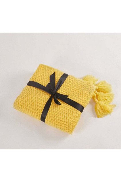 EzzySo Tassel Design Warm Blanket Polyester Yellow 130x170cm