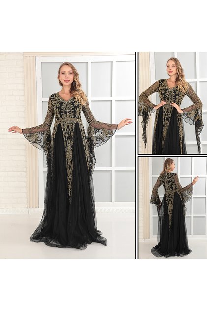 RHEA - EL İŞLEMELİ , TAŞEL DETAYLI KABARIK ELBİSE