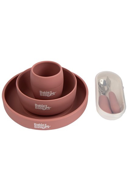 BabiesBasic 5 pc Set with silicone plate, bowl, cup and stainless steel cutlery with case - Pink