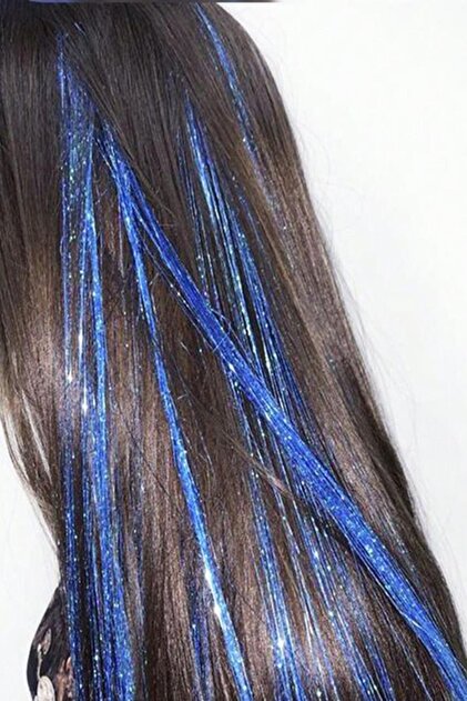 Mavi Renk Simli Yan Postiş Hair Tinsel Shiny Hair (50 Cm)