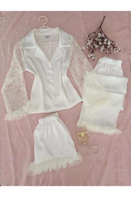 3-Piece Cansel White Sleeve Tulle Detail Satin Pajama Set