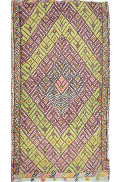 Vintage Konya Cicim Hand Woven Cream Backed Multicolored Wool Pillow 55X98 cm (0.53 m²)