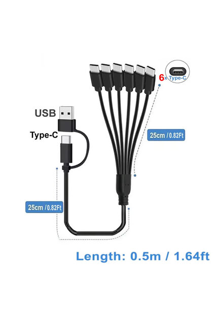 AC to 6xType-C 50cm 6 in 1 USB C PD Splitter Cable Multi USB C to Type C Male Charger Cord for iPhon
