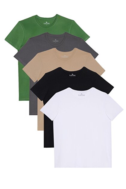 Tricou unisex, pachet de 5, negru-alb-verde-negru-fumuriu, croială slim fit, 100% bumbac, cu guler rotund