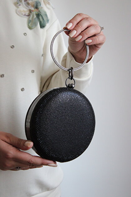 Women's Black Round Stone Detailed Bracelet Handle Evening Dress Clutch Bag