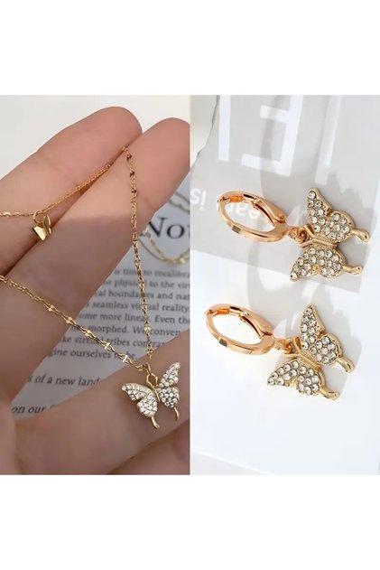 Butterfly Mounted 2-Piece Necklace and Earrings Gold Bujiteri Set