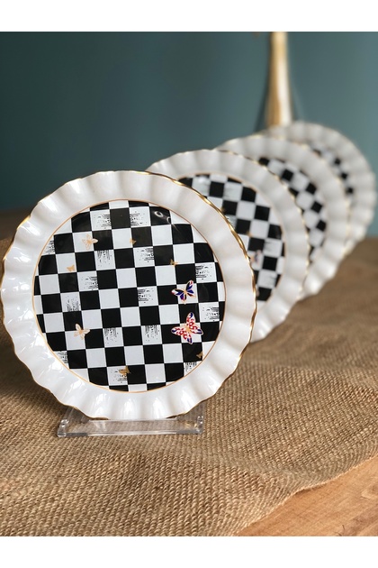 Checkerboard Patterned Curved Dessert Plate 6 Pieces