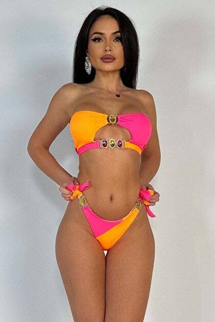 Costum de baie fashion in 2 piese din material reiat, pietre colorate si strasuri SW2550-5519