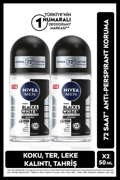 MEN Erkek Roll-on Deodorant Black&white Invisible Original 50ml, Erkeksi Koku, X2 Adet