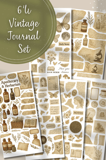 Vintage Themed Sticker Set of 6 for Bullet Journal and Agenda