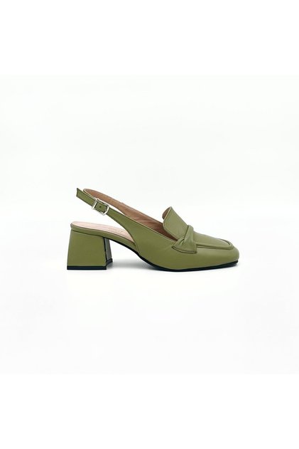Haki Yeşili Hakiki Deri Slingback Topuklu Ayakkabı – 5 cm Topuklu Loafer Detaylı