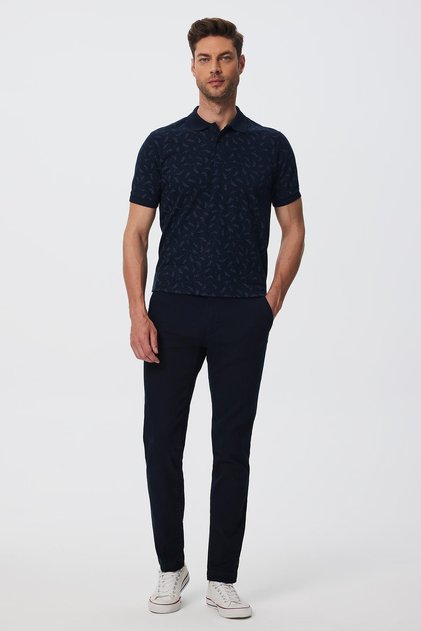 Robert 1 Normal Waist Narrow Tapered Cut Narrow Leg 100% Cotton Navy Blue Men's Trousers