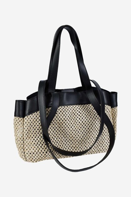Women's Straw Hand and Shoulder Bag (with Makeup Bag) - Black