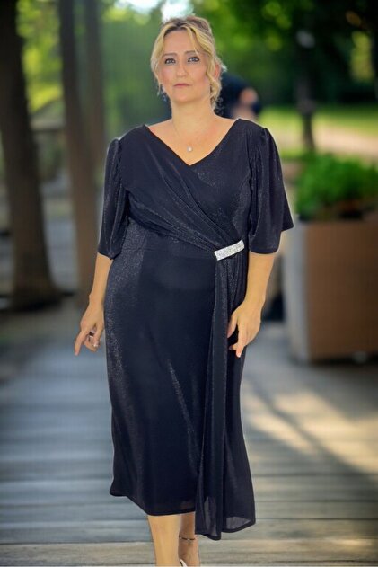 yagmurberen Self-Designed Silvery V-Neck Cut-Out Breast Drape with Stone Accessories Medium Length Plus Size Evening Dress