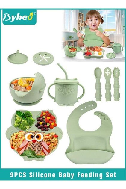 9 PCS Baby Silicone Feeding Set, First Stage Toddler Utensils with Bib, Sippy Cup, Suction Bowl, Inf
