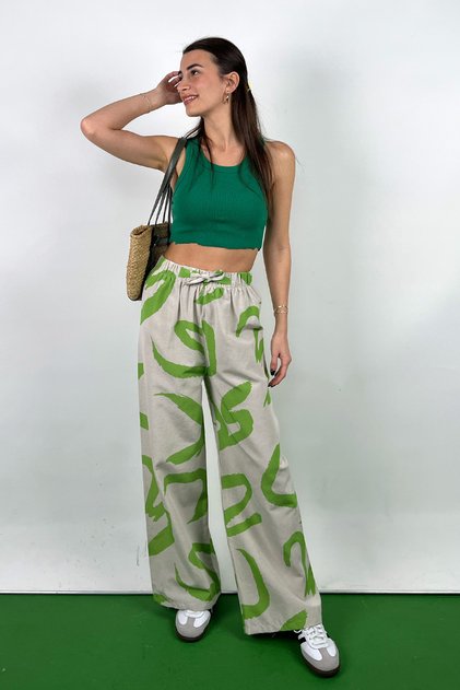 Patterned Cotton-Linen Flowy Palazzo Pants