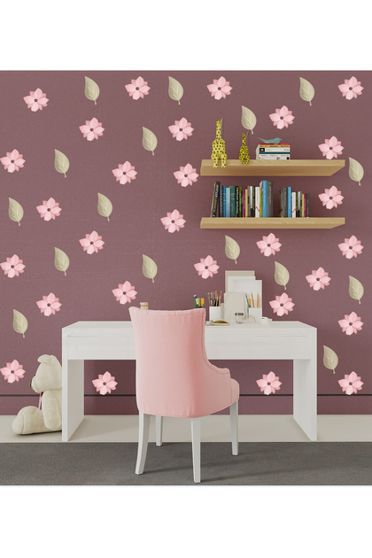 Pastel Pembe Renklerde Çiçekler ve Yapraklar Çocuk odası Cam, Duvar sticker
