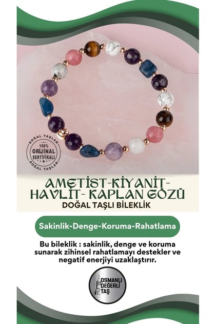 Anxiety- Worry- Anxiety- Panic Attack Bracelet Amethyst Kyanite Howlite with Tiger Eye Natural Stone