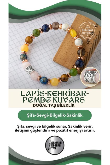 Sertifikalı Lapis Kehribar Pembe Kuvars Doğal Taşlı Bileklik