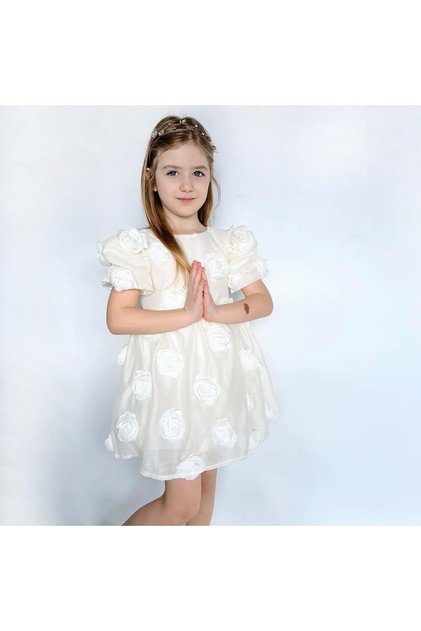 White Rose Detailed Bow Special Occasion Dress | Party and Birthday Outfit