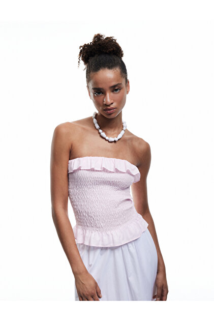 Cotton Ruffled Gipeli Strapless Neckline Sleeveless Crop Blouse