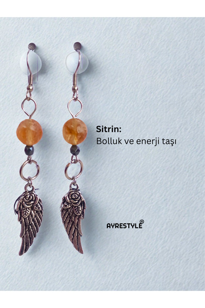 Silver Color Dangle Women's Earring with Citrine and Hematite Natural Stone Angel Wing Detail