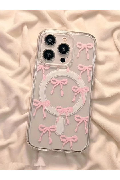 Iphone 16 Pro Kılıf Pembe Fiyonk Desenli Magsafe Şeffaf Kılıf Darbeye Dayanıklı Kapak