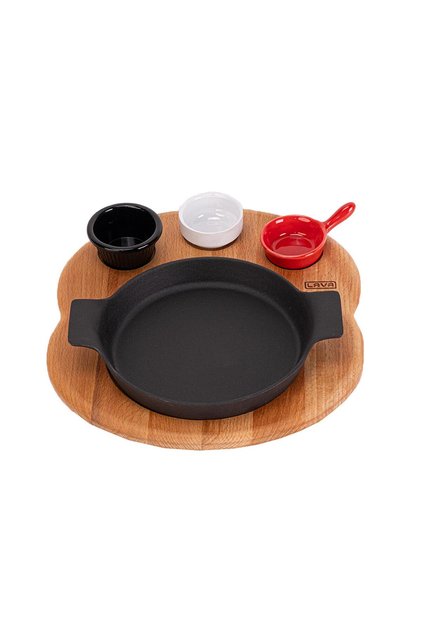 Cast Iron Double Handle Round Pan and Beech Serving Wood. Diameter (Ø) 18cm. (Sauces Are Not Included)