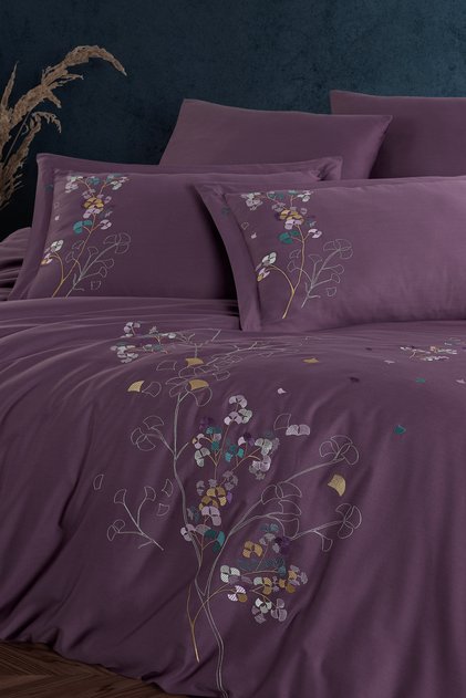 Marley - 100% Cotton Satin Embroidered Duvet Cover Set - Plum