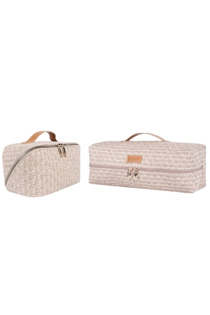 Set: Beige Straw Patterned Airwrap Compatible Bag Cosmetic Makeup Bag - Domestic Production