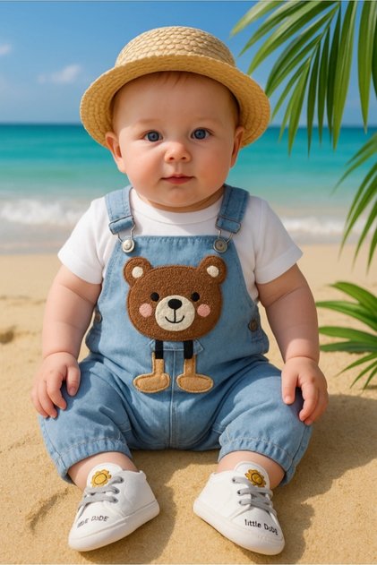 Pink Cheeked Teddy Bear Detailed 2-Piece Salopet with Swinging Feet
