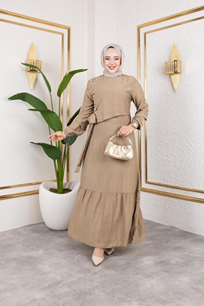HARMAN BUTİK Kadın Bağlama Detaylı Çilek Kumaş Bej Elbise - Fiyatı