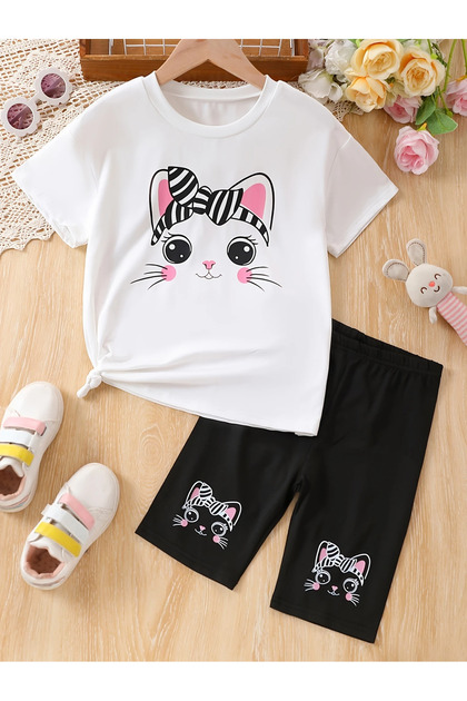 Girls' Kedicik Printed White T-Shirt-Black Short Leggings Set