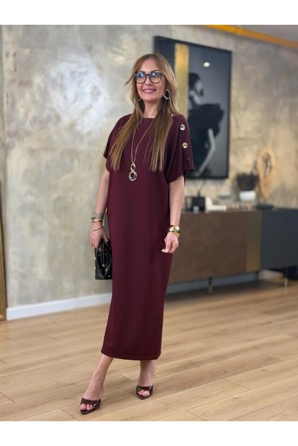Gold Button Detail Batwing Sleeve Midi Dress
