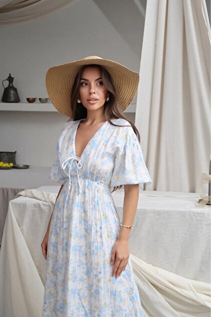 Lusin Women's Blue Floral Patterned Lined Summer Muslin Dress- Trendyol Lusin Women's Blue Floral Patterned Lined Summer Muslin Dress- Trendyol