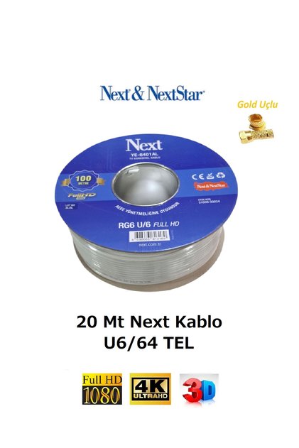 20 Metre U6/64 TEL Next Hazır Gold Uçlu Anten Kablosu Full HD 3D 4K (Tak Kullan)
