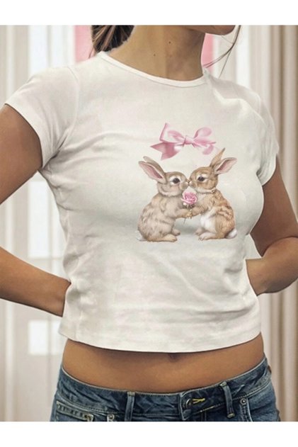 Women's White Ribbon Rabbit Printed Crew Neck Tight Crop Tshirt