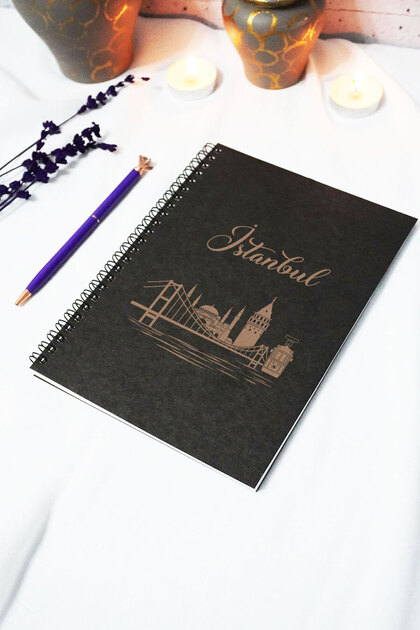 A5 Istanbul Themed Black Kraft Cover Unlined Notebook (120 Sheets) 15X21 cm - School Notebook