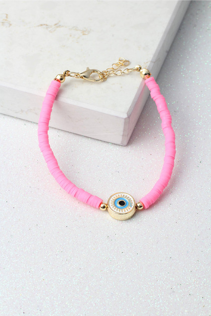 Pink Fimo Bracelet with Evil Eye Beads