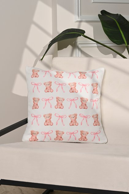 Baby Pink Teddy Bear and Ribbon Patterned Children's Room Throw Pillow Cover – 43X43Cm