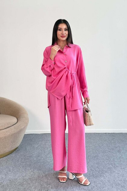 Shirring Detailed Shirt and Wide Leg Pants Two Piece Set 2504 - Pink