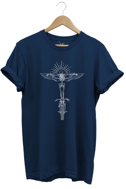 Motorcycle Wing and Skeleton Linear Design Printed 100% Cotton Regular Fit Premium Navy Blue T-Shirt