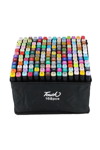 Set de 168 markere duble, cerneală profesională cu alcool, vârfuri subțiri și groase, geantă de depozitare, multicolor