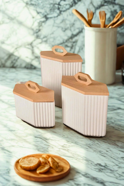 Woodcept. 3'lü Porselen Prizma Model Ahşap Vakum Kapaklı Çay